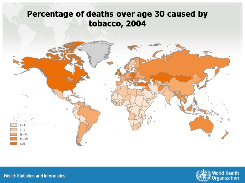 Percentage of deaths over age 30 caused by tobacco, 2004